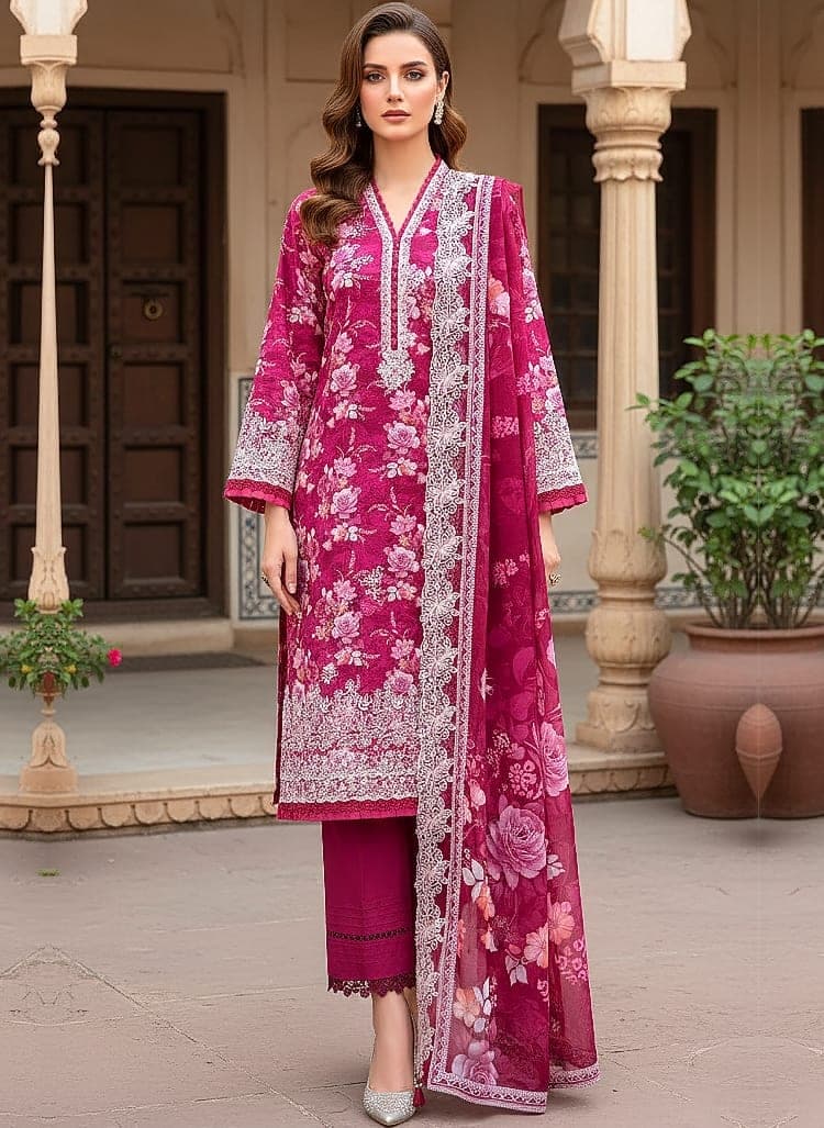 Magenta Embroidered Lawn 3 Piece
