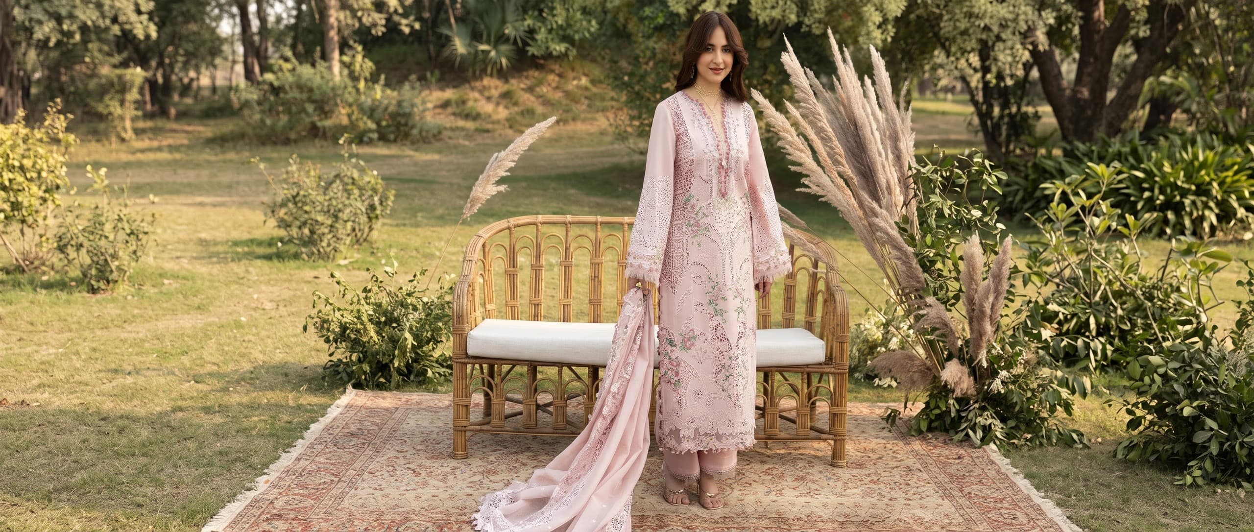 Model in pale pink embroidered suit in a garden